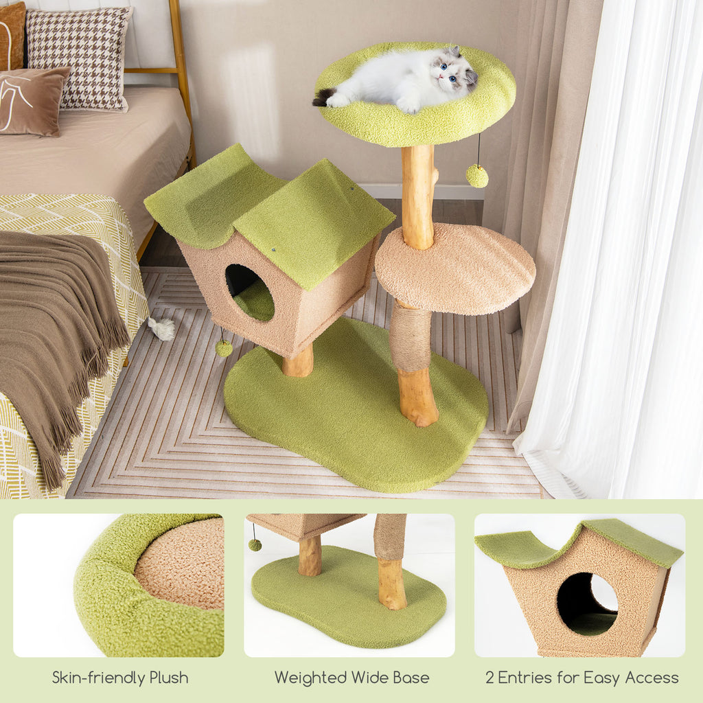 43 Inch Wooden Cat Tree with Padded Top Perch - Green Variation