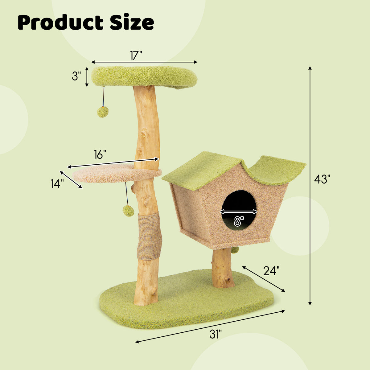 43 Inch Wooden Cat Tree with Padded Top Perch - Green Variation