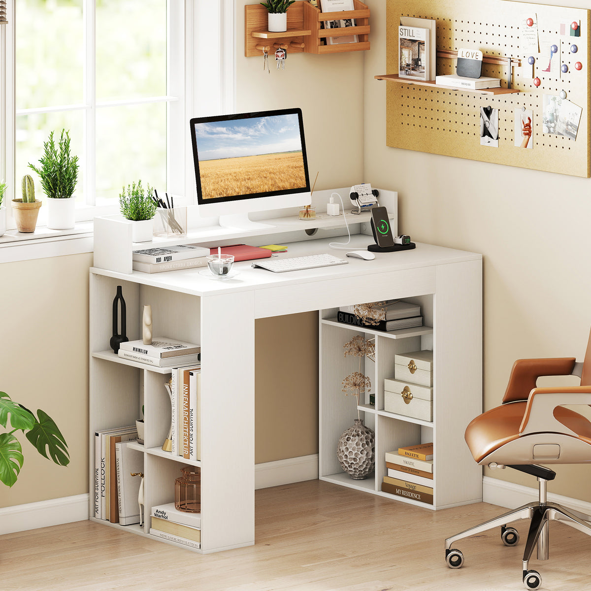 43 Inch Computer Desk with Power Outlets and 2 Bookcases