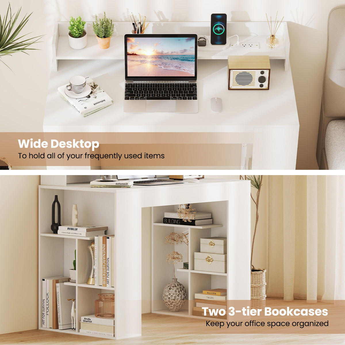 43 Inch Computer Desk with Power Outlets and 2 Bookcases