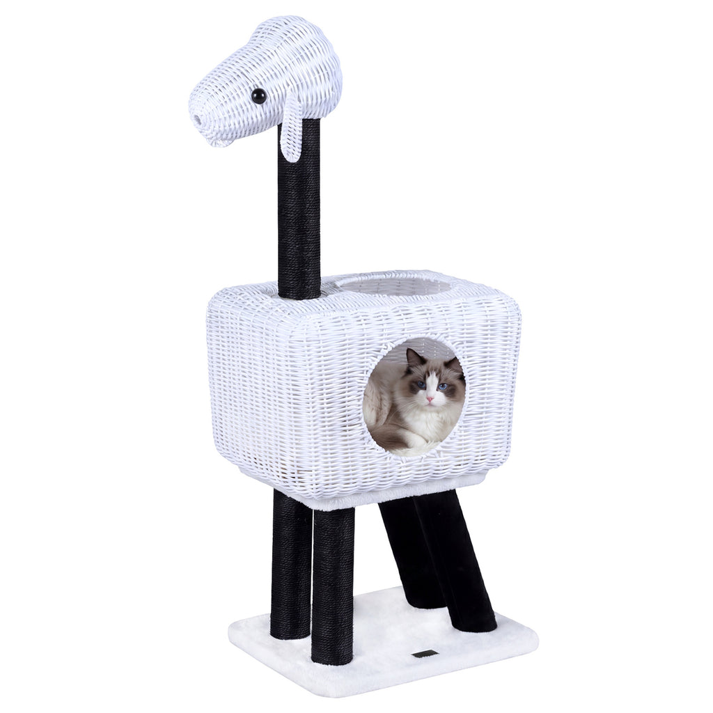 White 43-Inch Lamb-Shaped Cat Tower with Rattan Condo & Play Ball