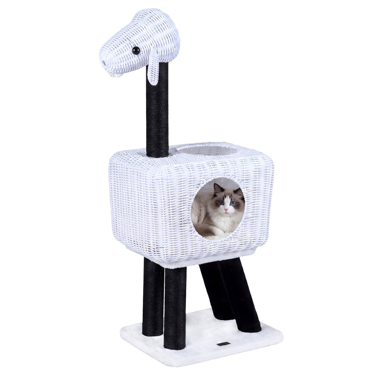 White 43-Inch Lamb-Shaped Cat Tower with Rattan Condo & Play Ball