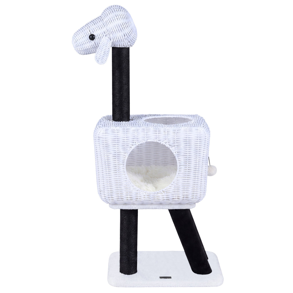 White 43-Inch Lamb-Shaped Cat Tower with Rattan Condo & Play Ball