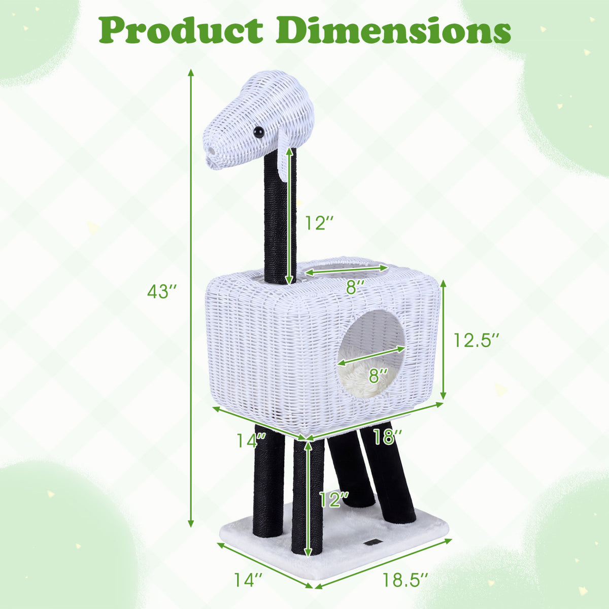 White 43-Inch Lamb-Shaped Cat Tower with Rattan Condo & Play Ball