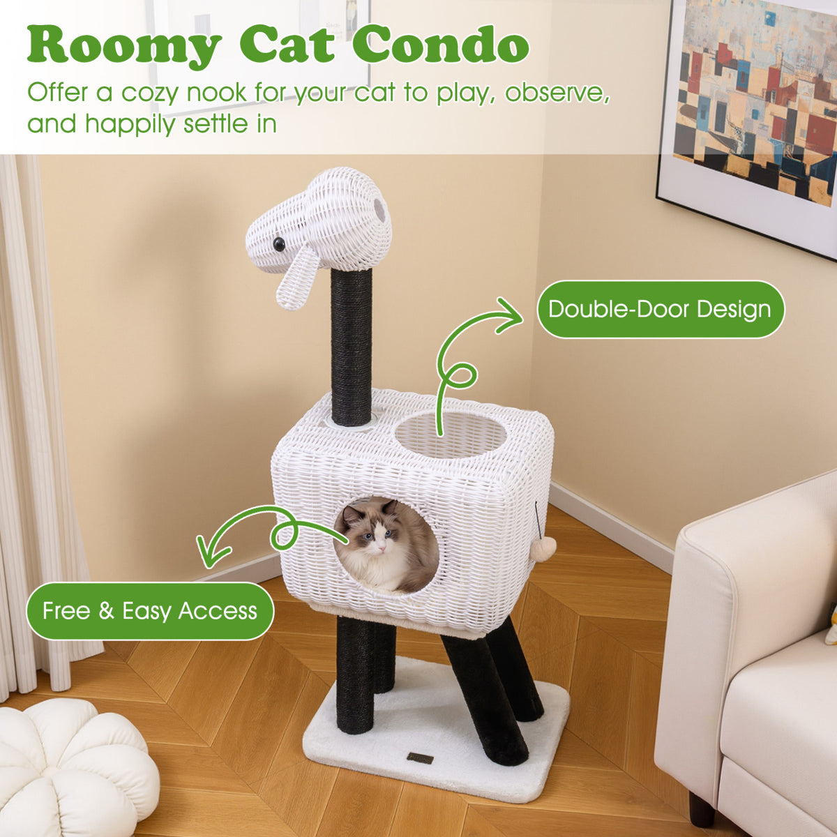 White 43-Inch Lamb-Shaped Cat Tower with Rattan Condo & Play Ball