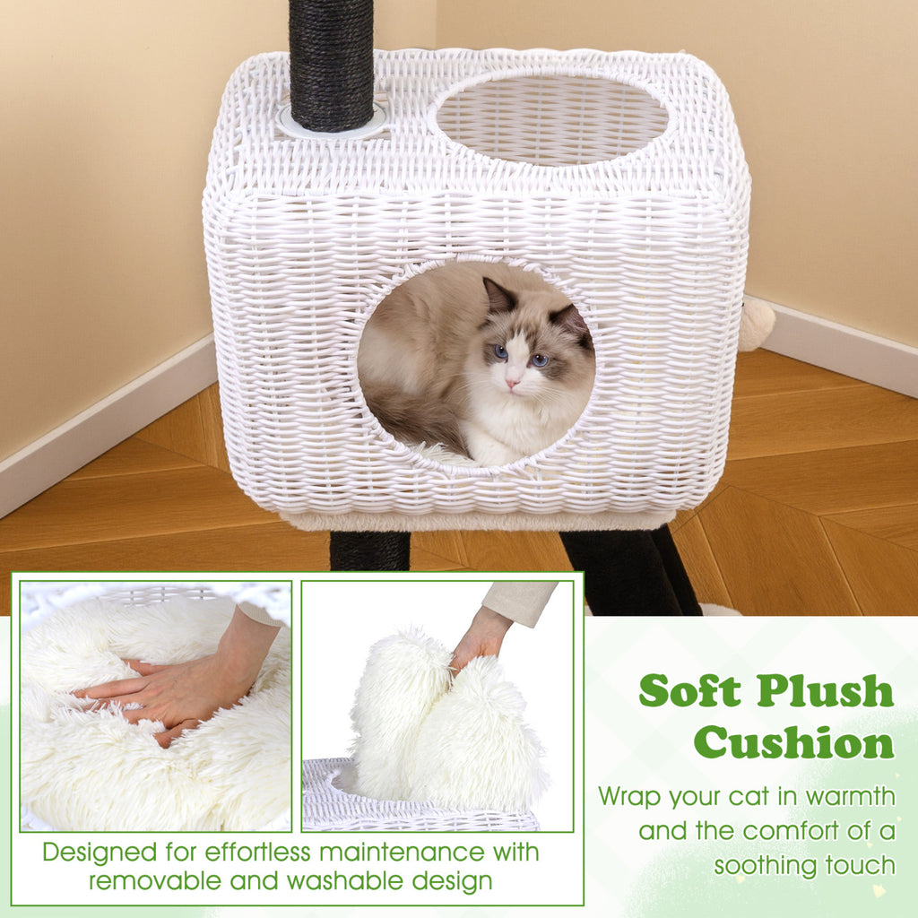 White 43-Inch Lamb-Shaped Cat Tower with Rattan Condo & Play Ball