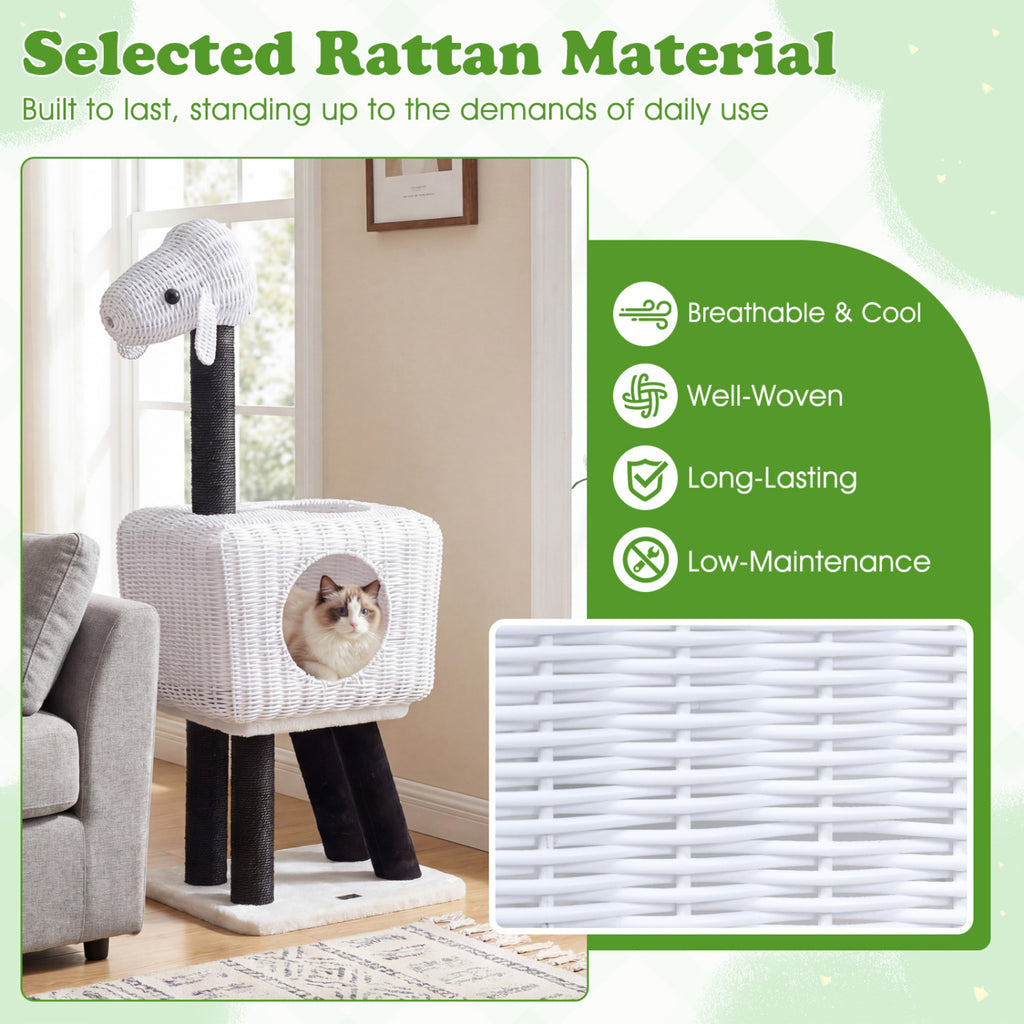 White 43-Inch Lamb-Shaped Cat Tower with Rattan Condo & Play Ball