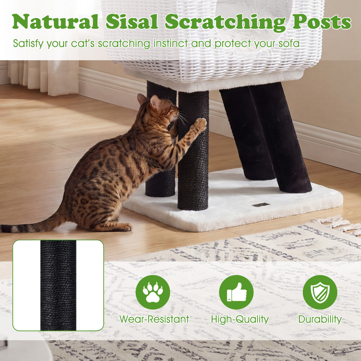 White 43-Inch Lamb-Shaped Cat Tower with Rattan Condo & Play Ball