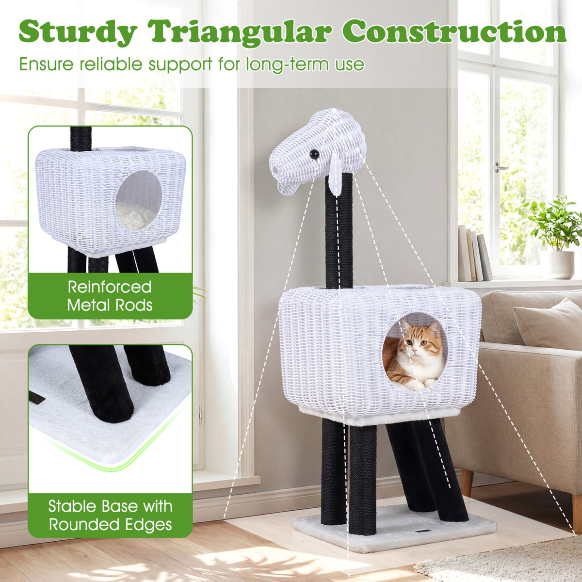 White 43-Inch Lamb-Shaped Cat Tower with Rattan Condo & Play Ball