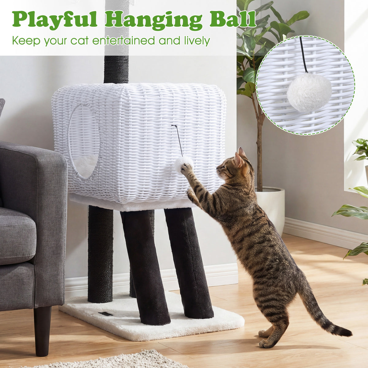 White 43-Inch Lamb-Shaped Cat Tower with Rattan Condo & Play Ball