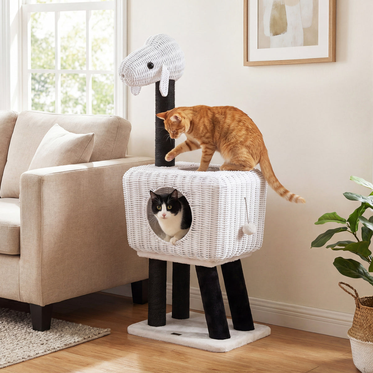 White 43-Inch Lamb-Shaped Cat Tower with Rattan Condo & Play Ball