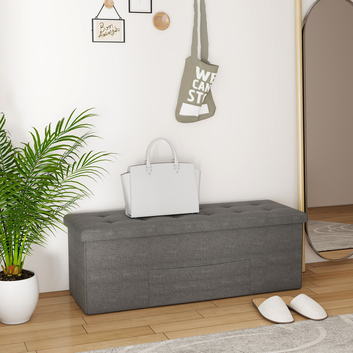 43" Folding Storage Ottoman Bench Linen Dark Gray