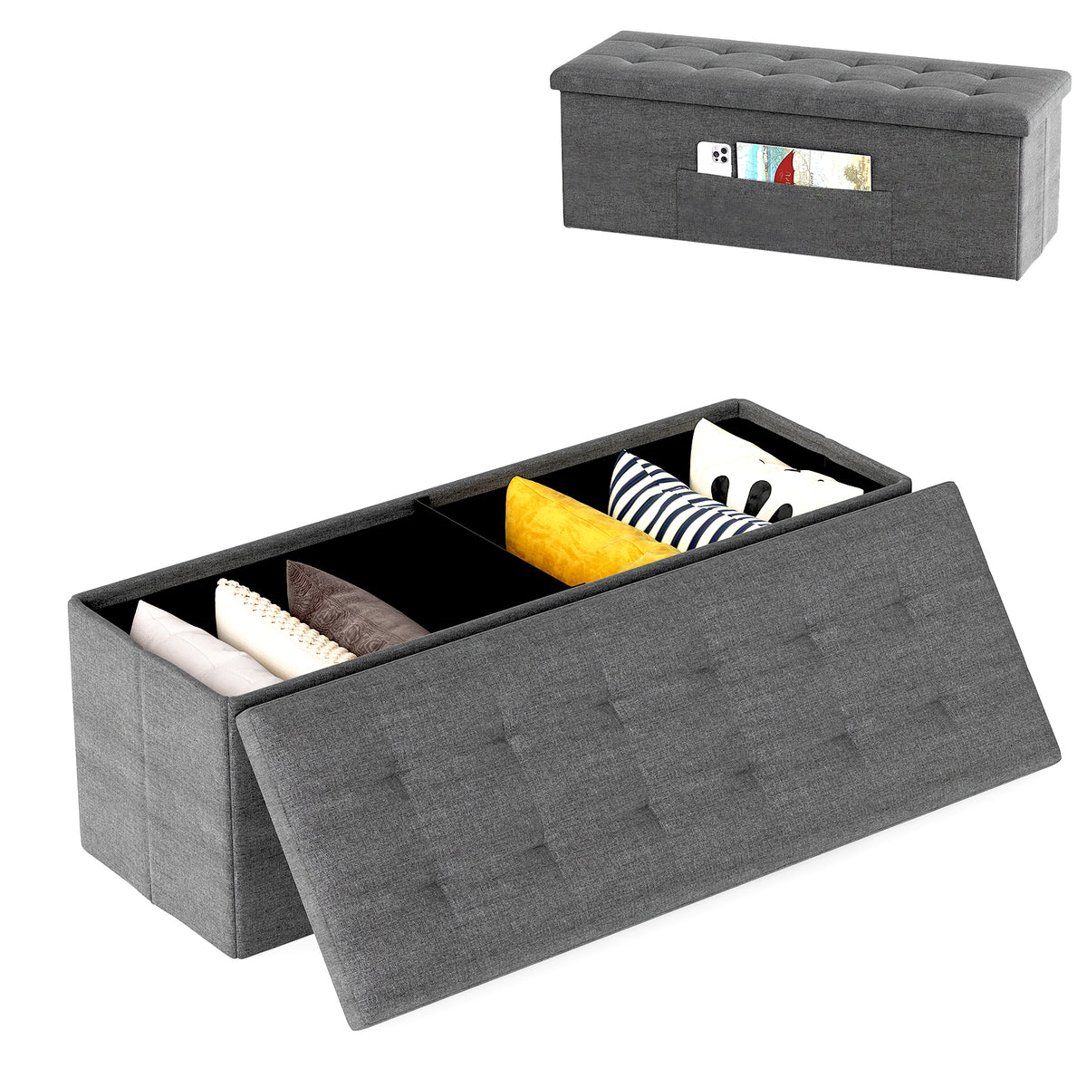 43" Folding Storage Ottoman Bench Linen Dark Gray