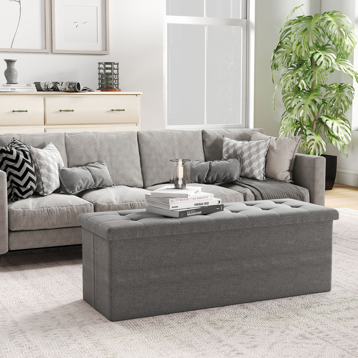 43" Folding Storage Ottoman Bench Linen Dark Gray