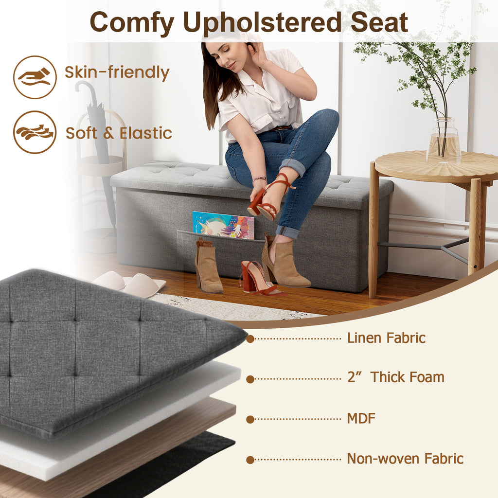 43" Folding Storage Ottoman Bench Linen Dark Gray
