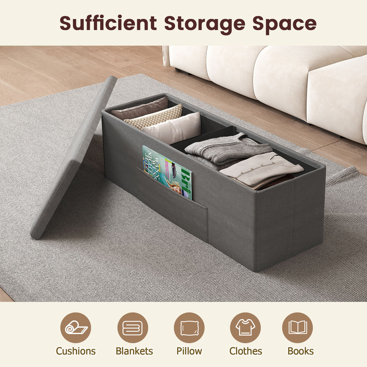 43" Folding Storage Ottoman Bench Linen Dark Gray