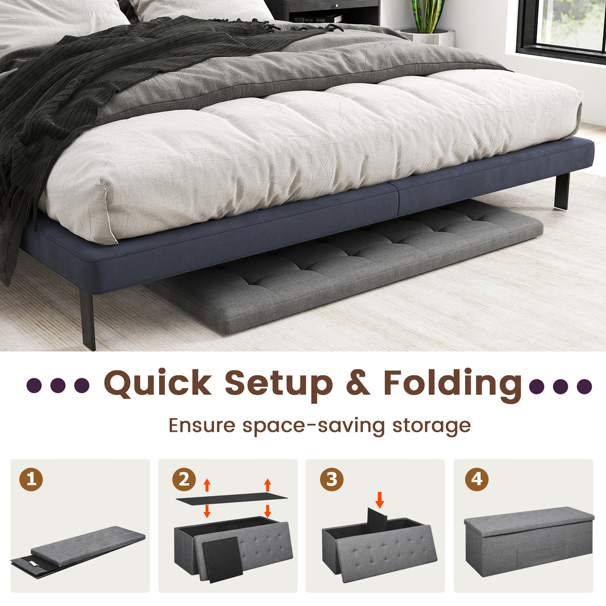 43" Folding Storage Ottoman Bench Linen Dark Gray
