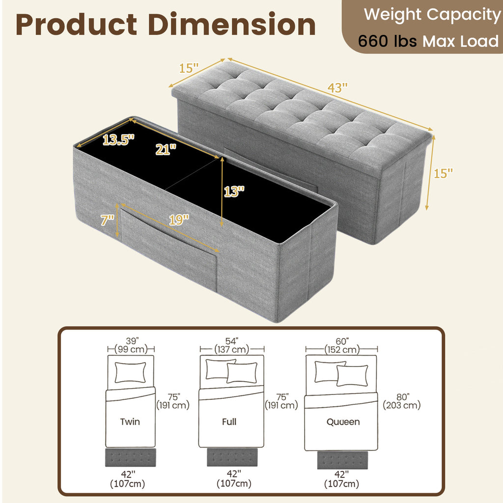 43" Folding Storage Ottoman Bench, Light Gray Linen