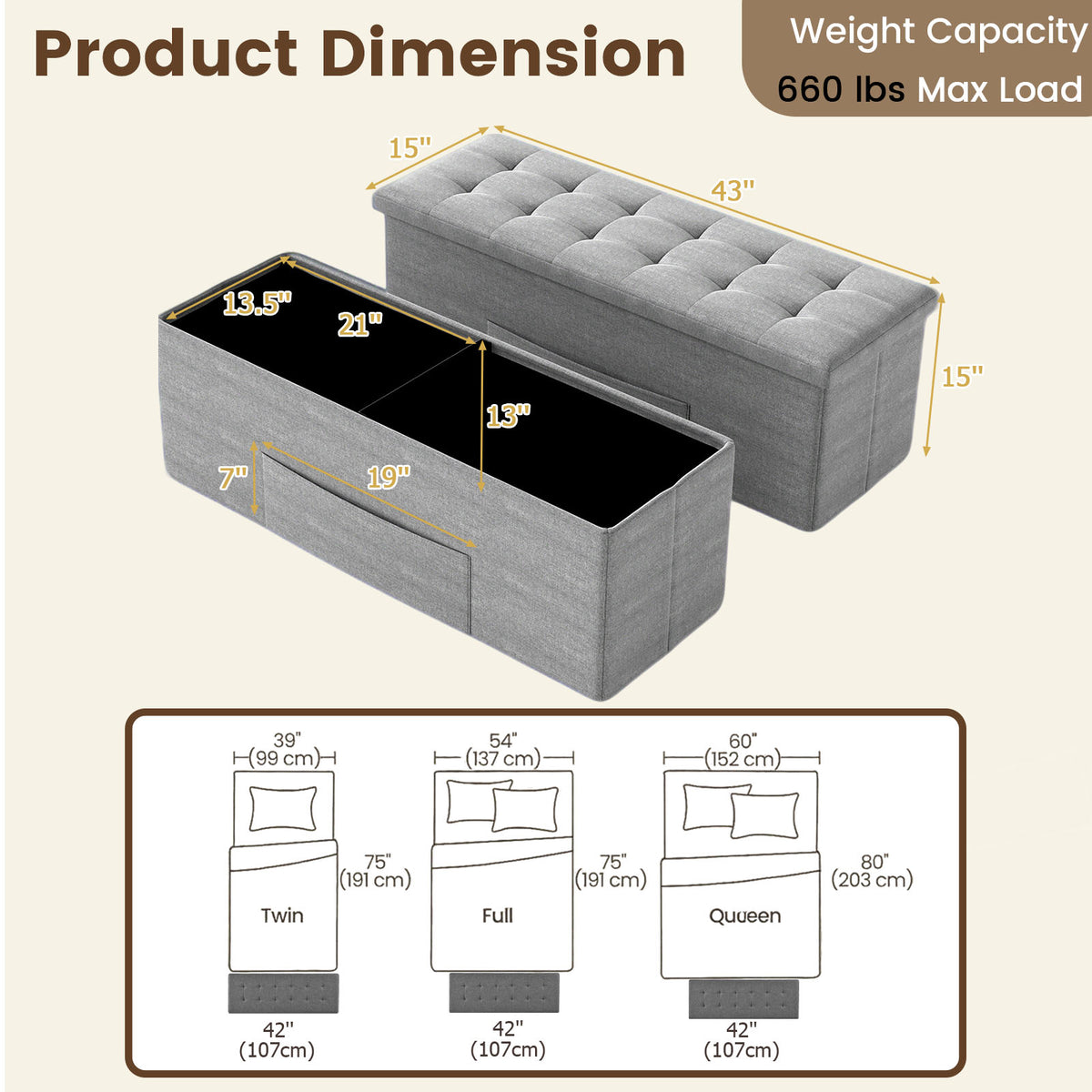 43" Folding Storage Ottoman Bench, Light Gray Linen