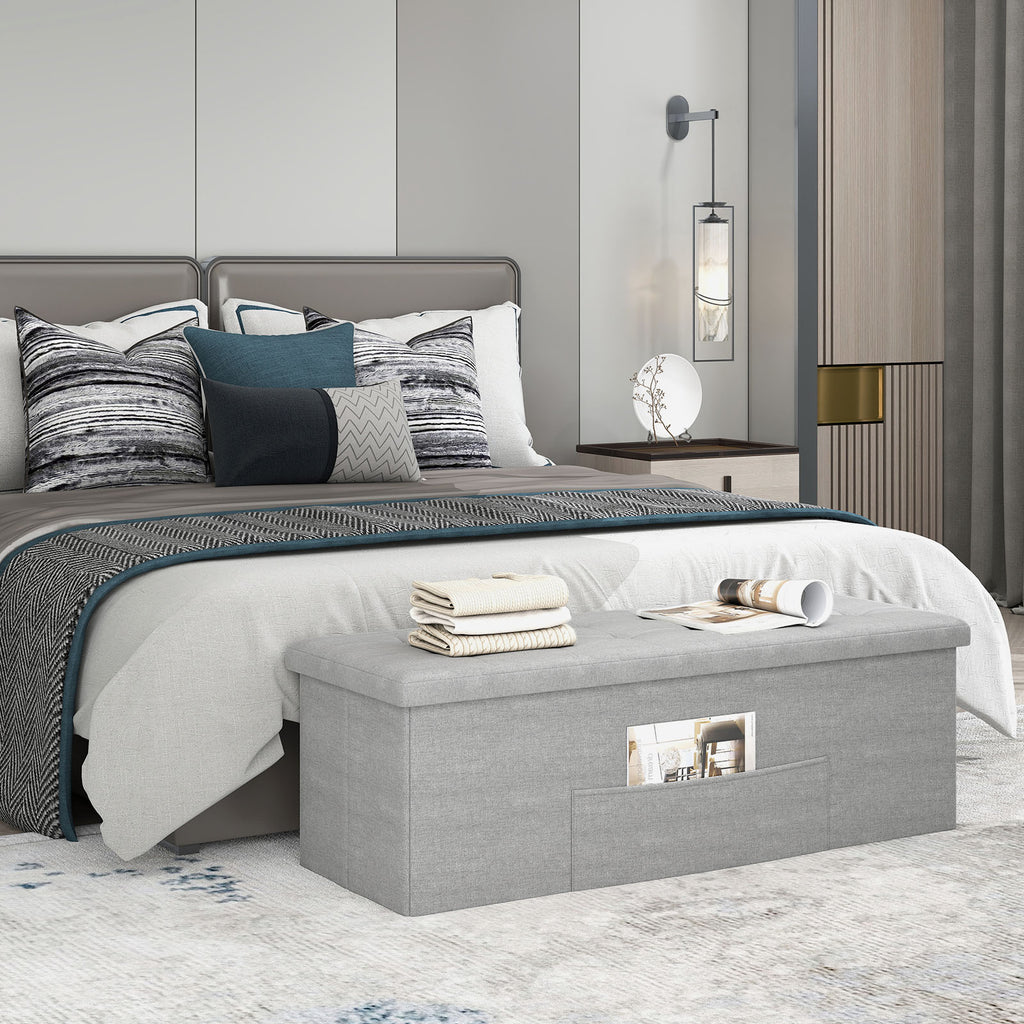 43" Folding Storage Ottoman Bench, Light Gray Linen
