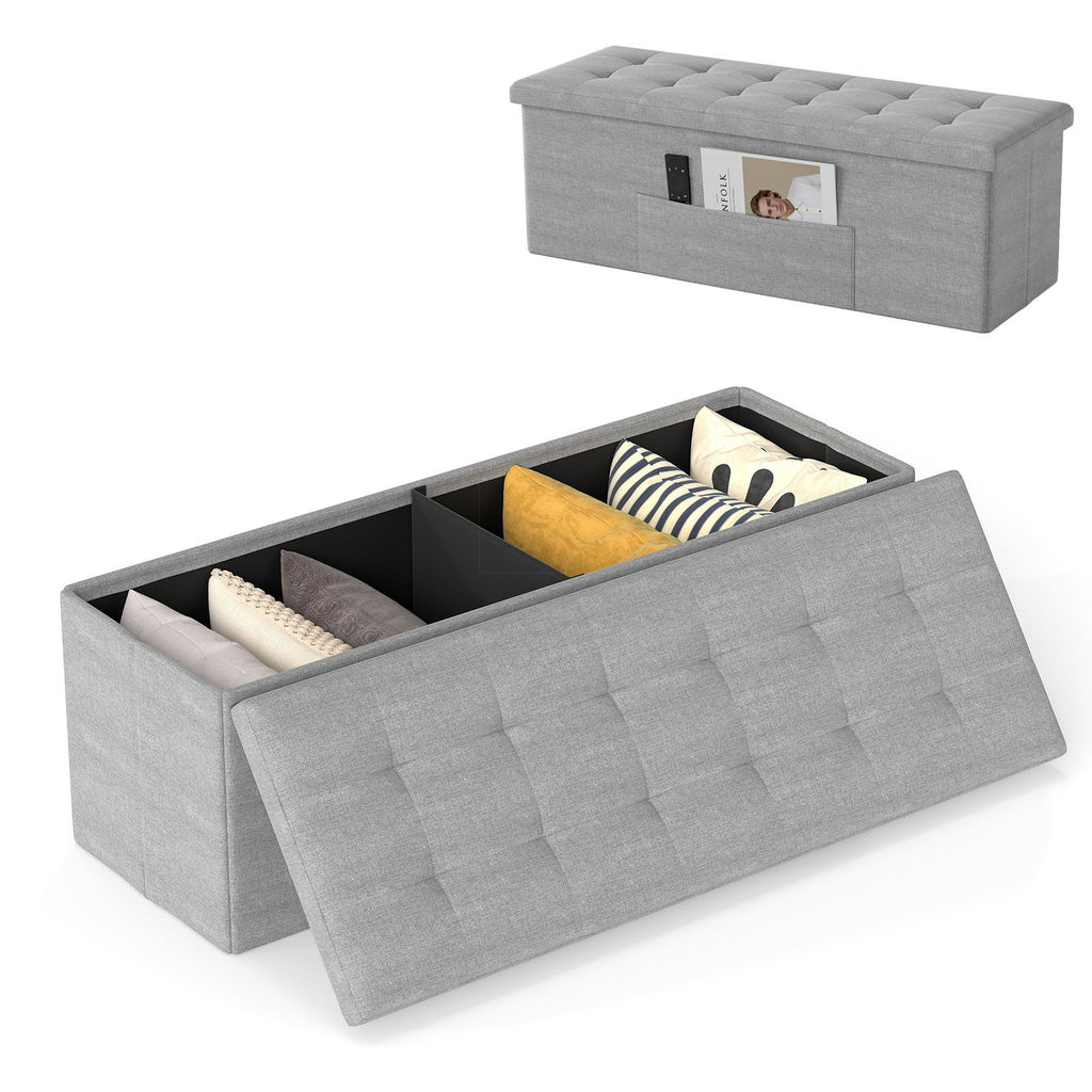 43" Folding Storage Ottoman Bench, Light Gray Linen