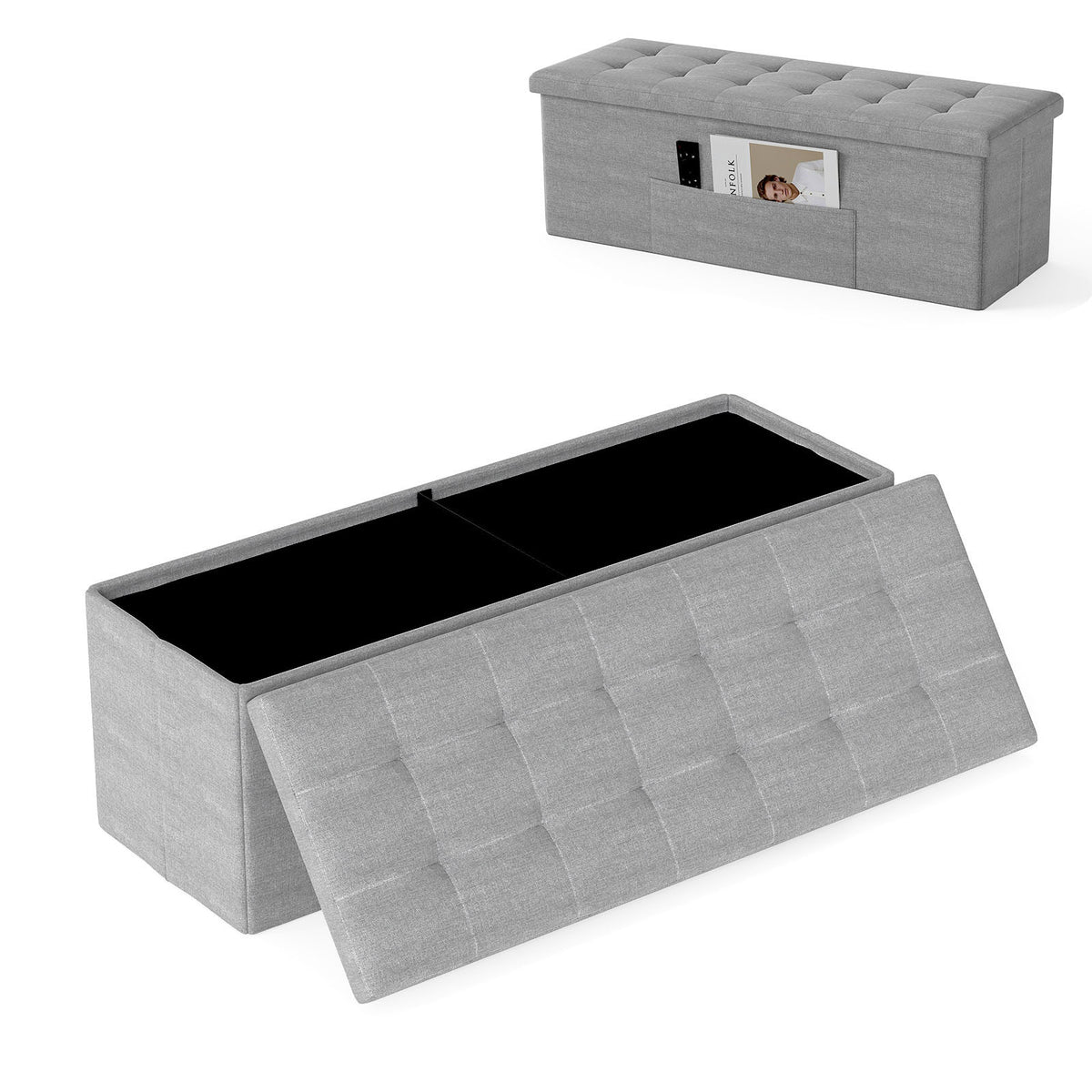 43" Folding Storage Ottoman Bench, Light Gray Linen