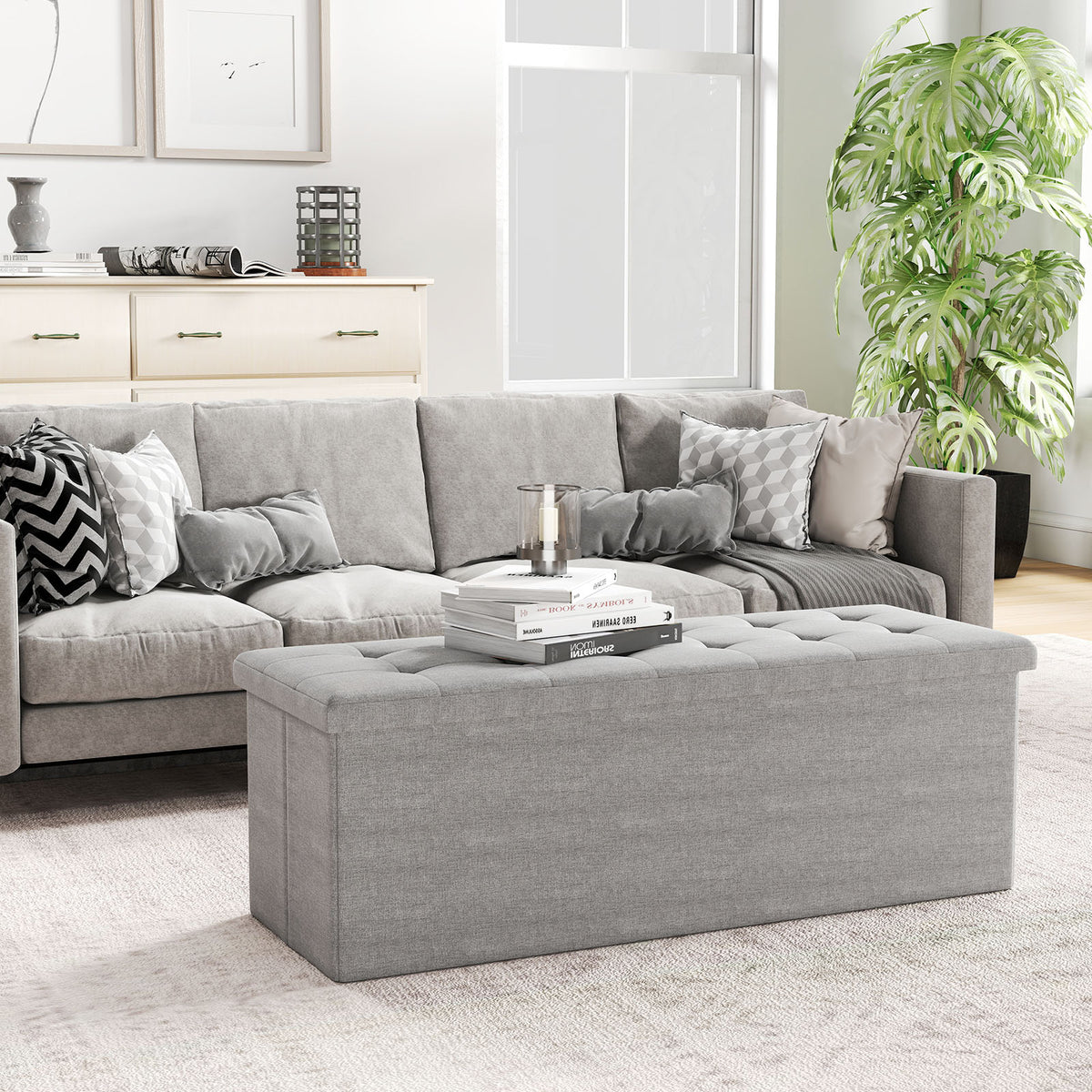 43" Folding Storage Ottoman Bench, Light Gray Linen