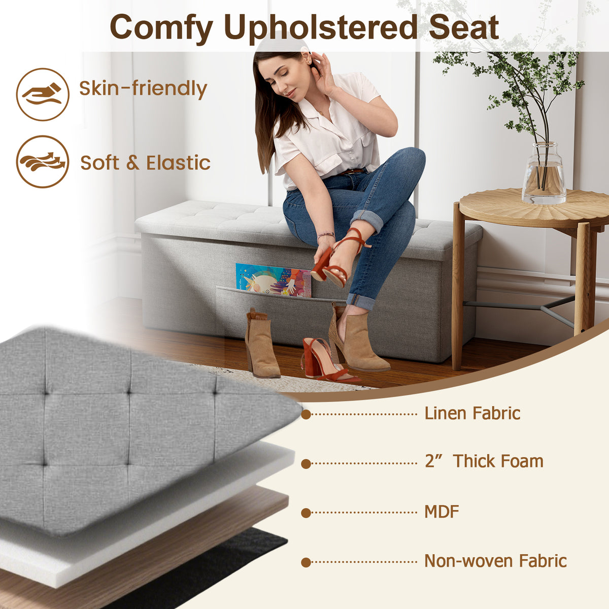 43" Folding Storage Ottoman Bench, Light Gray Linen