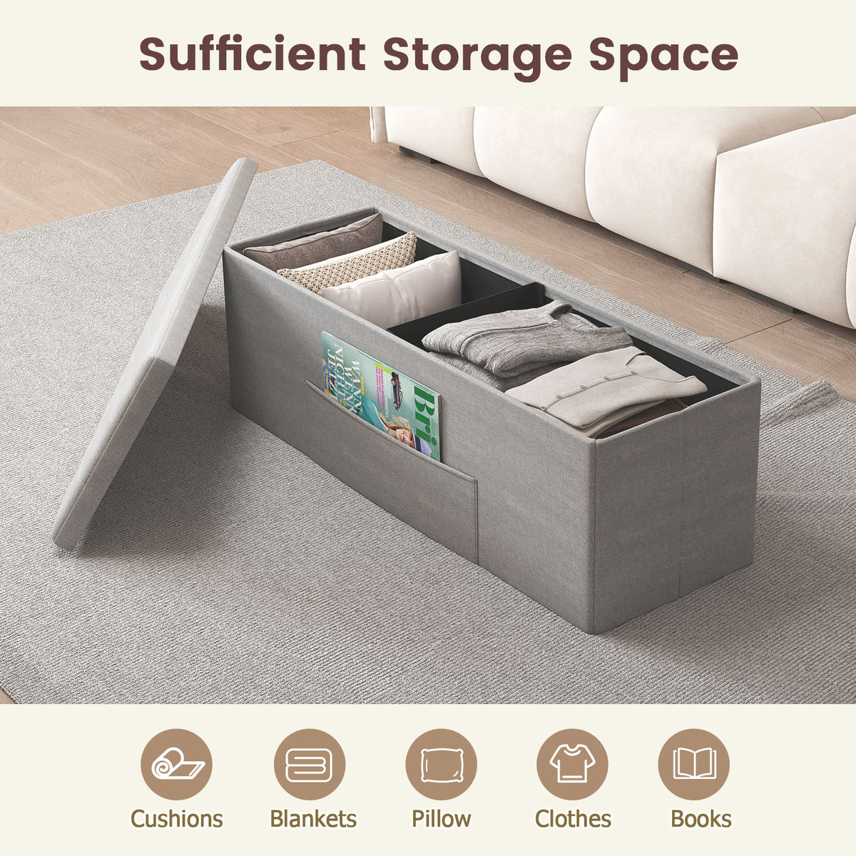 43" Folding Storage Ottoman Bench, Light Gray Linen