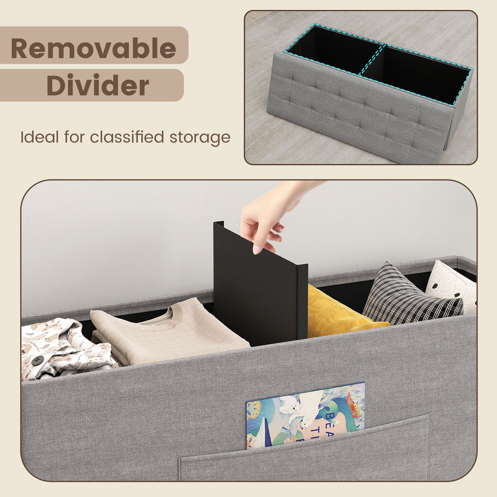 43" Folding Storage Ottoman Bench, Light Gray Linen