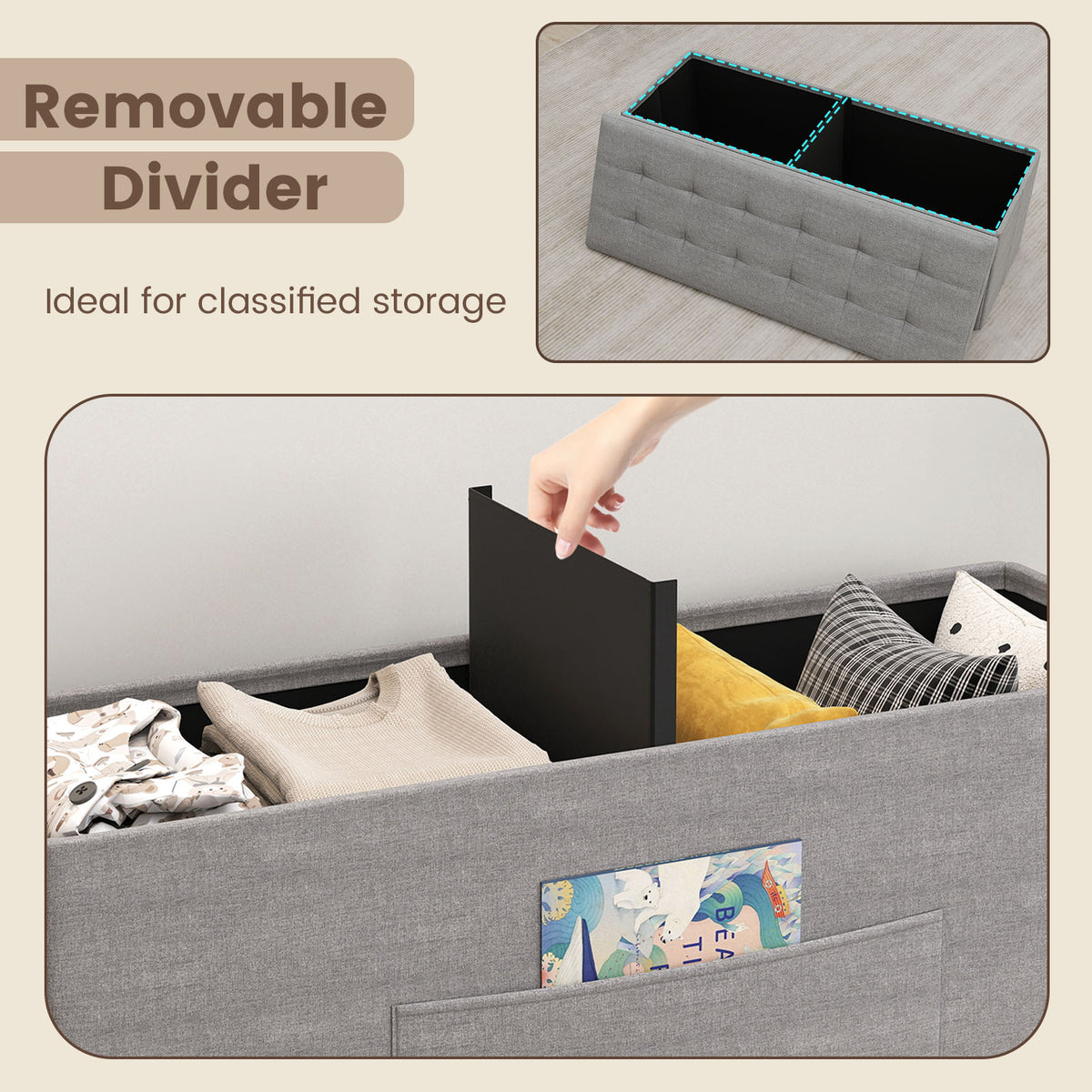 43" Folding Storage Ottoman Bench, Light Gray Linen