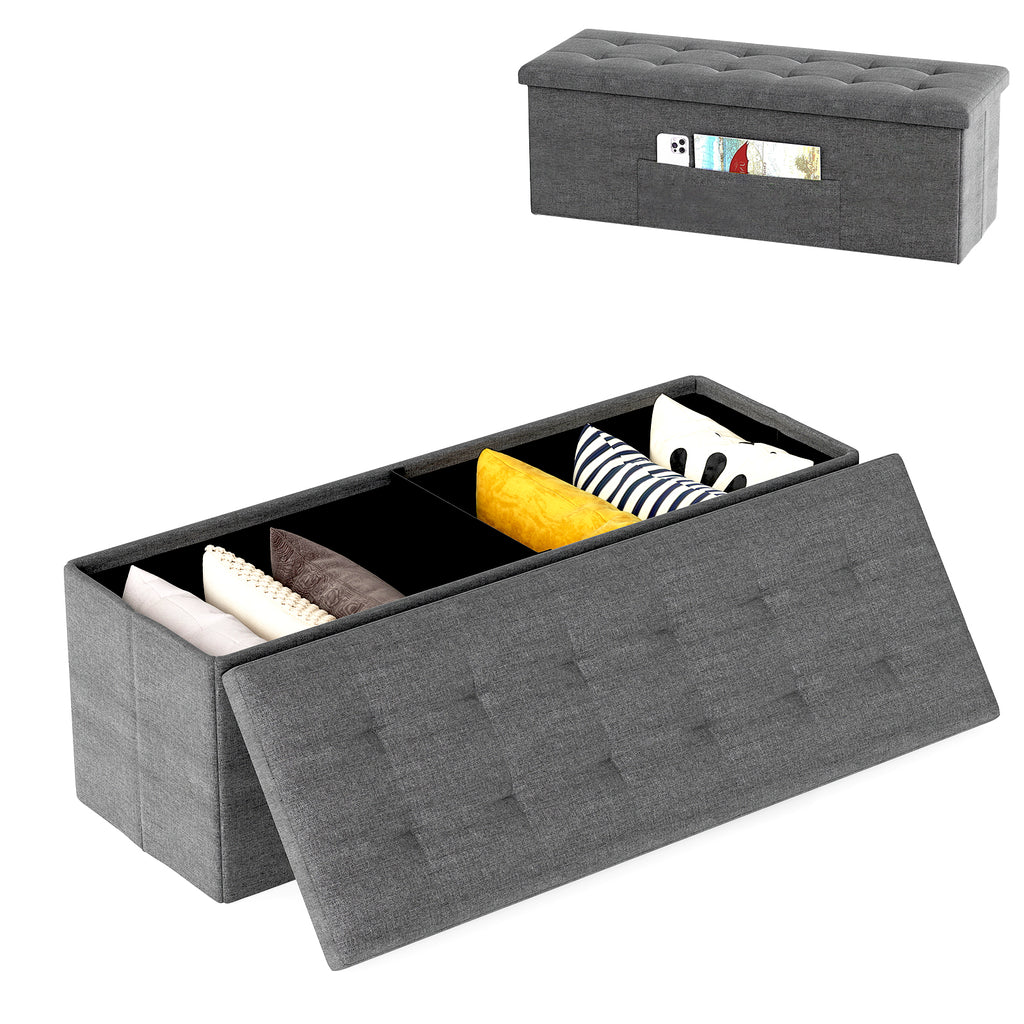 43" Folding Storage Ottoman Bench Linen Dark Gray