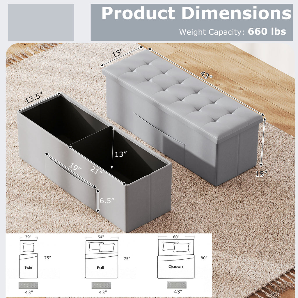 43-Inch Folding Storage Ottoman Bench, Gray
