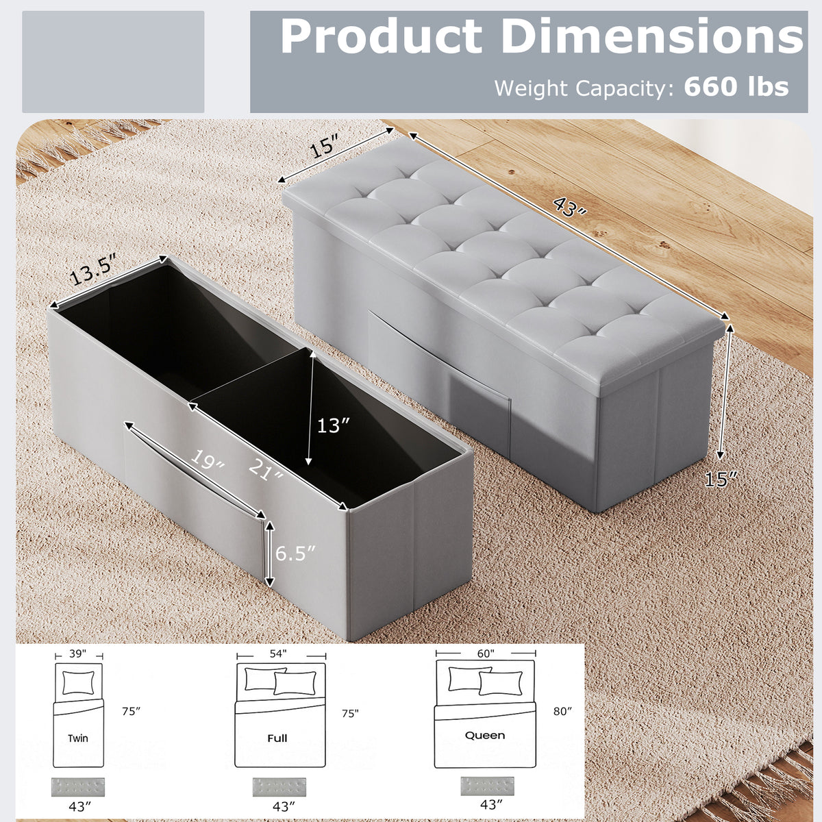 43-Inch Folding Storage Ottoman Bench, Gray