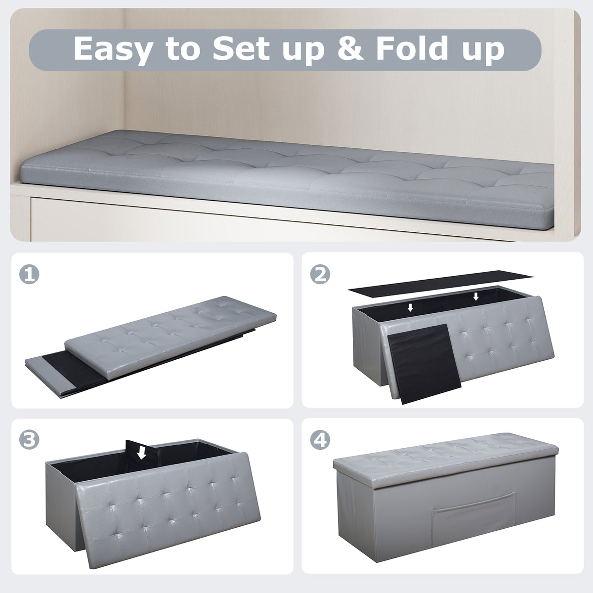 43-Inch Folding Storage Ottoman Bench, Gray