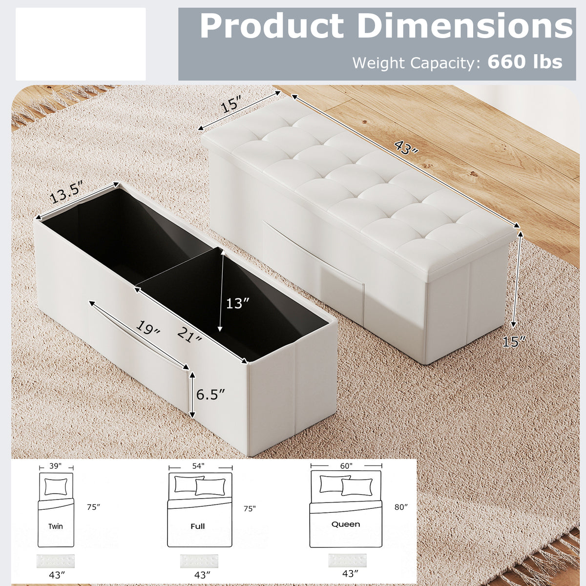 43-Inch Folding Storage Ottoman Bench, White