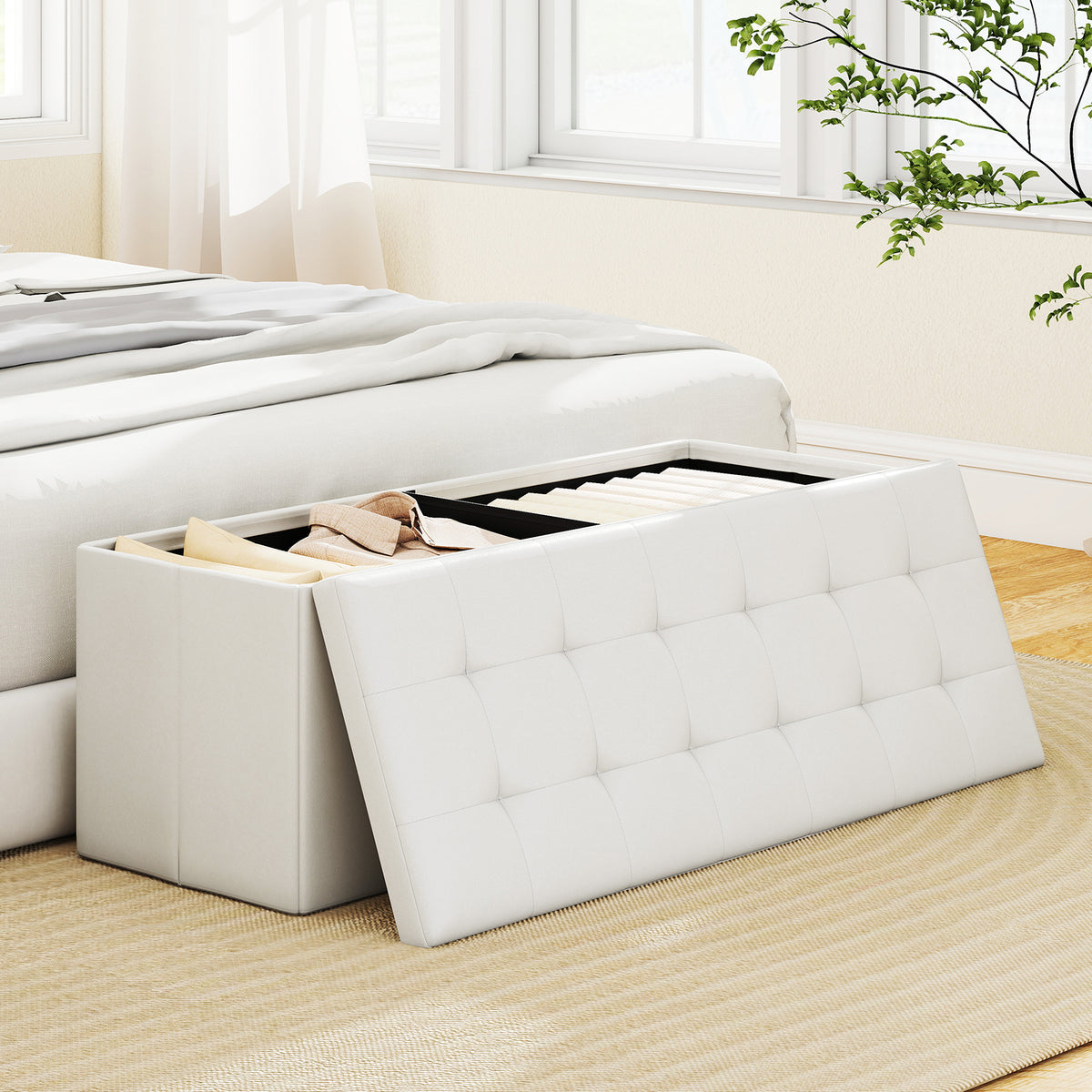 43-Inch Folding Storage Ottoman Bench, White