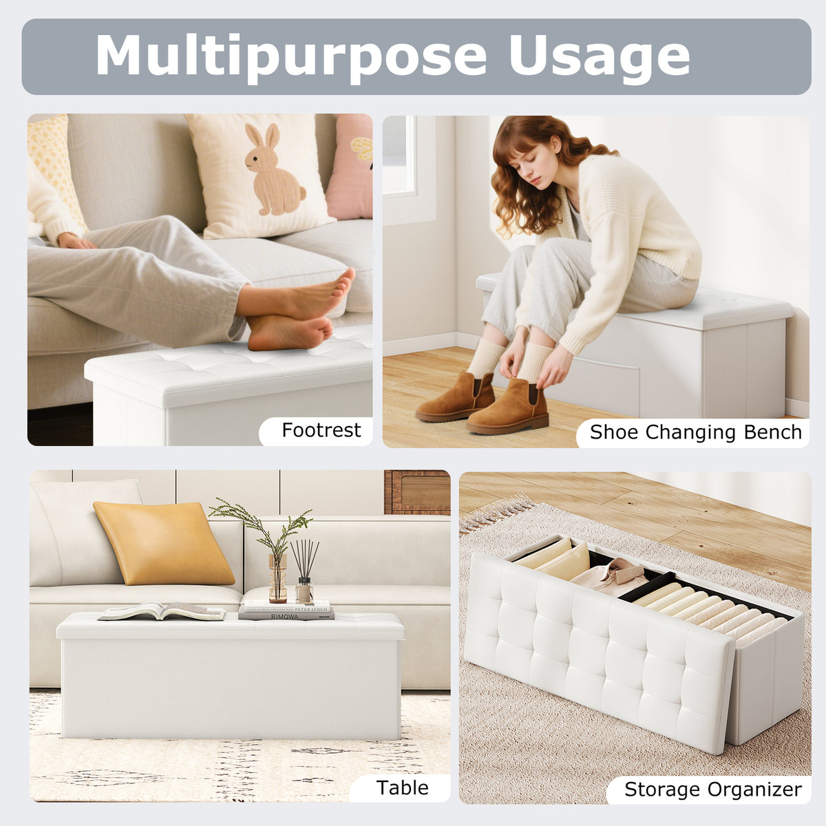 43-Inch Folding Storage Ottoman Bench, White