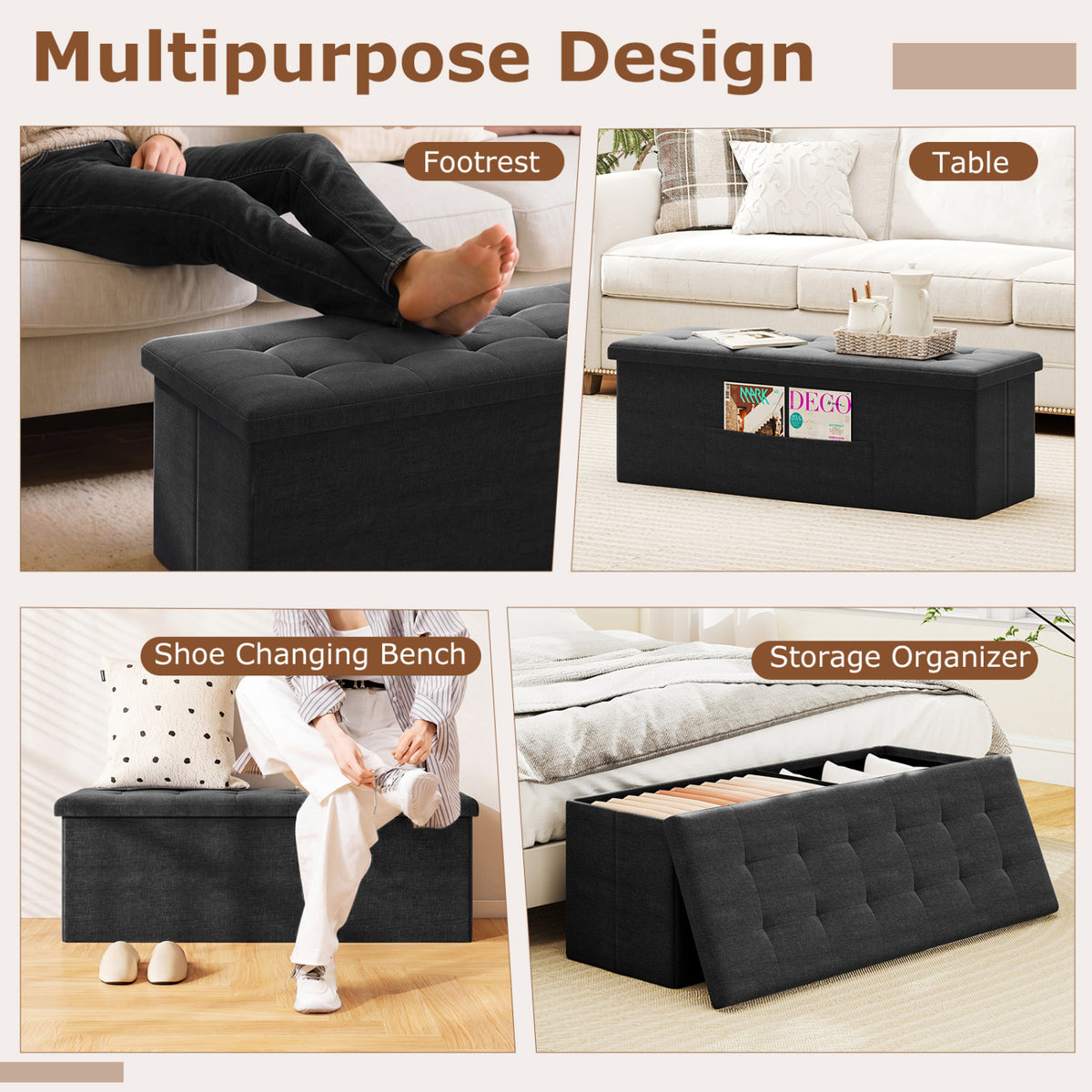 43 Inches Folding Storage Ottoman Bench Linen End of Bed with Padded