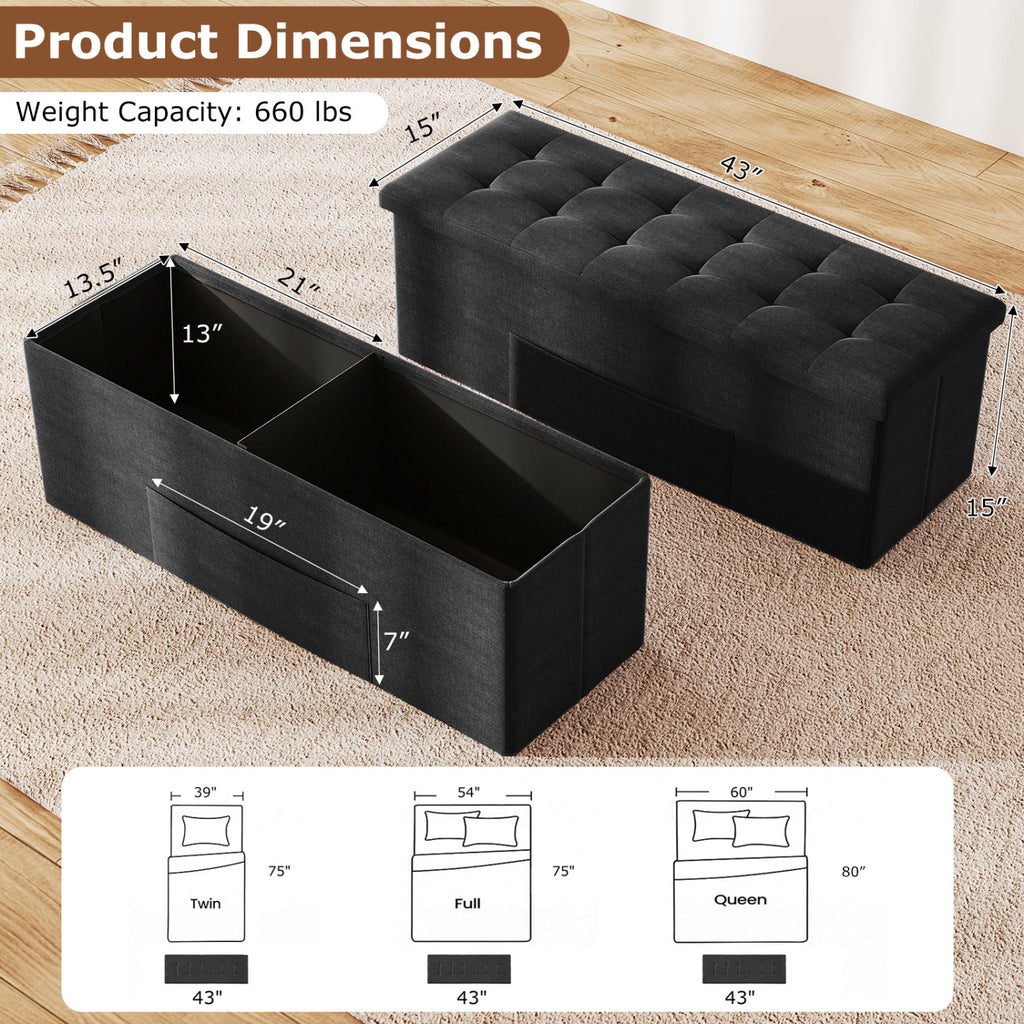 43 Inches Folding Storage Ottoman Bench Linen End of Bed with Padded