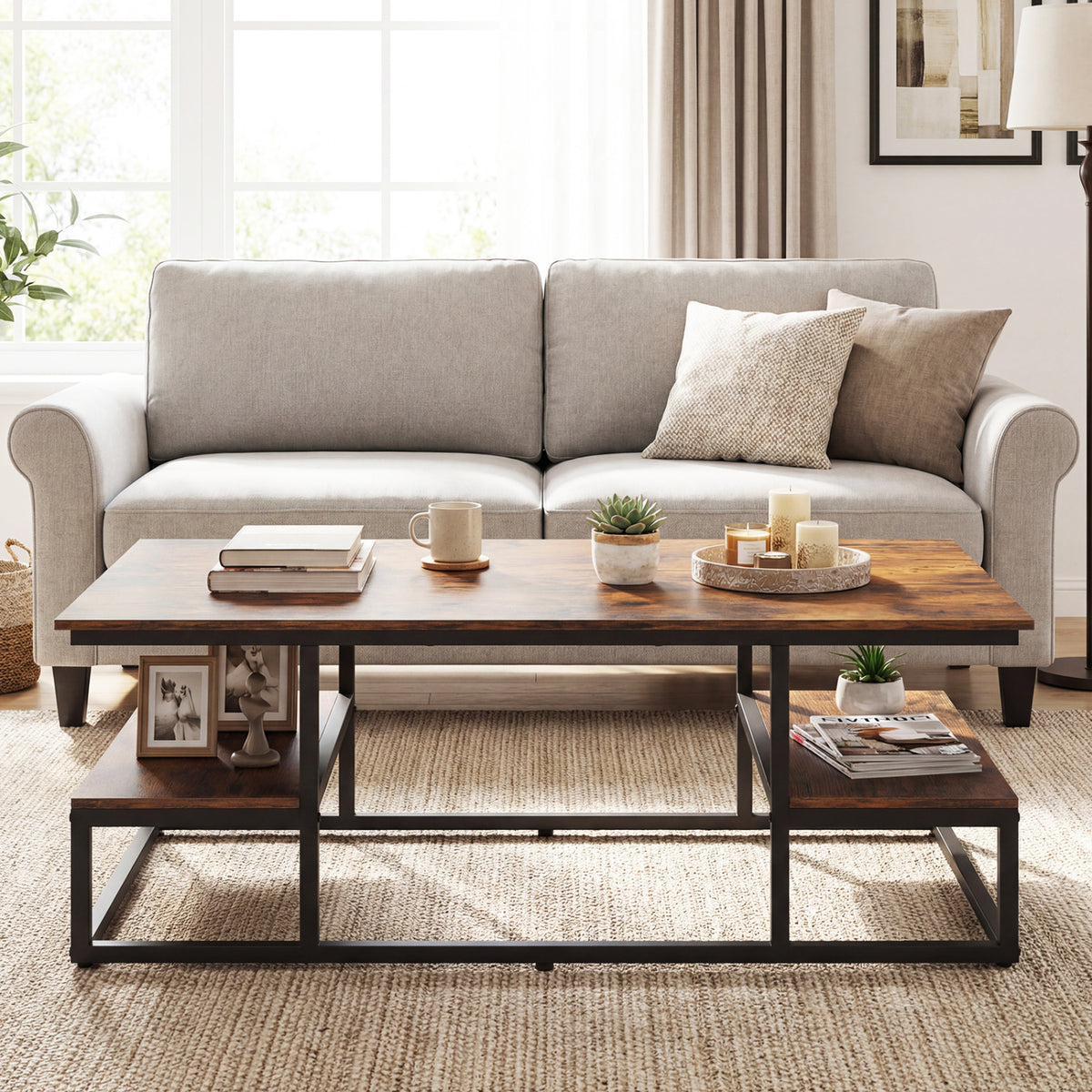 43" Rectangle Coffee Table with Storage and Open Shelves - Rustic Brown