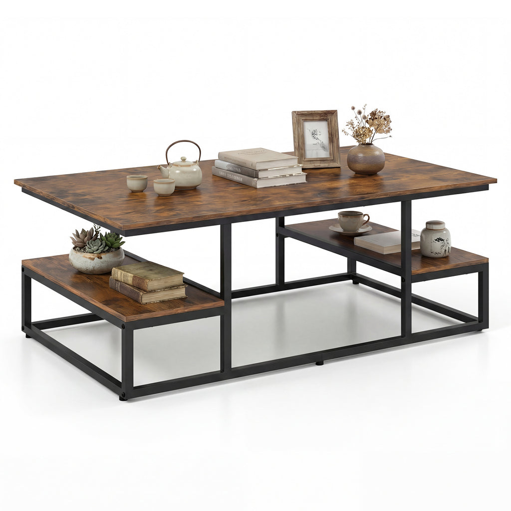 43" Rectangle Coffee Table with Storage and Open Shelves - Rustic Brown