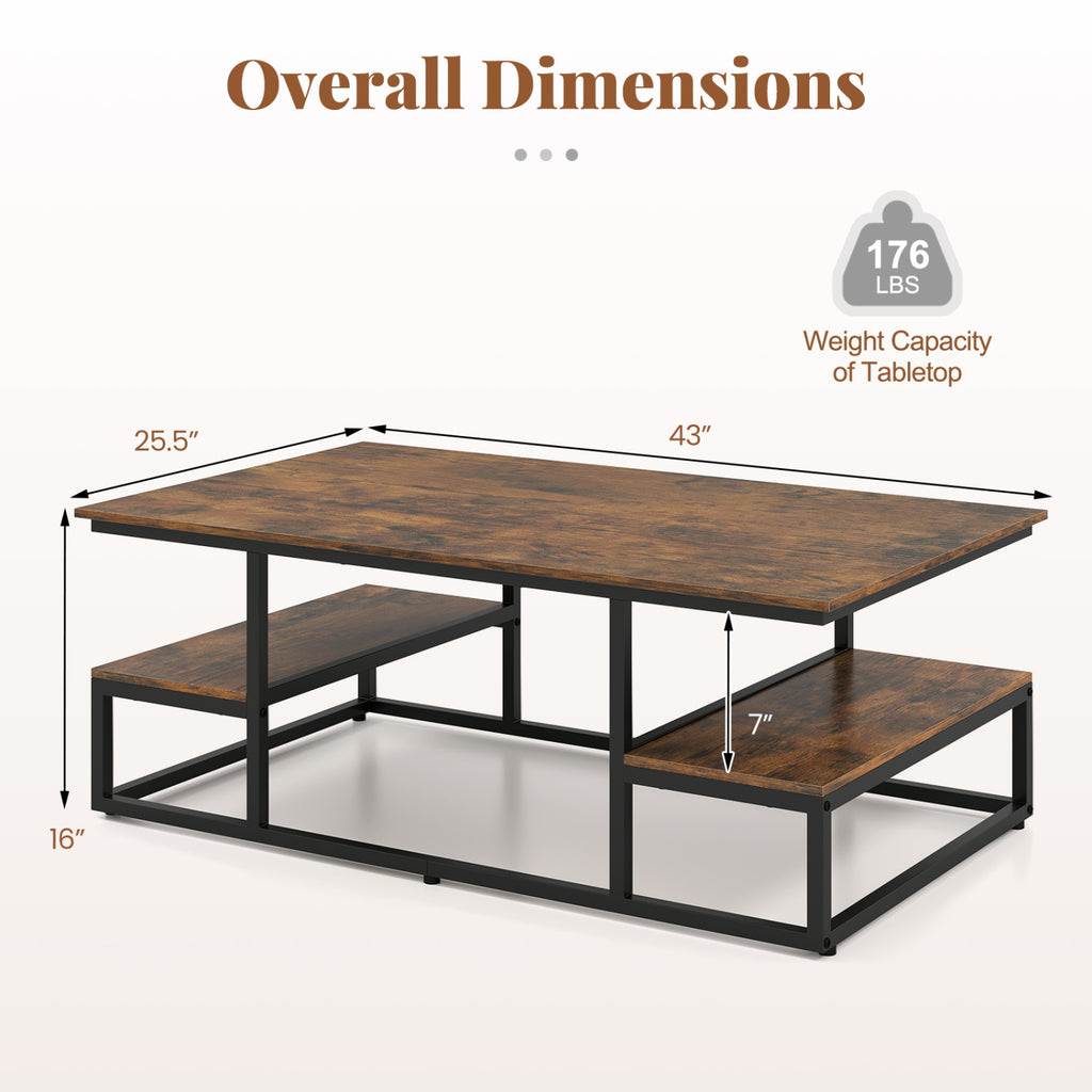 43" Rectangle Coffee Table with Storage and Open Shelves - Rustic Brown