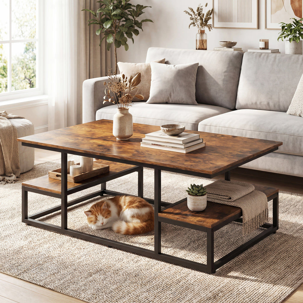 43" Rectangle Coffee Table with Storage and Open Shelves - Rustic Brown