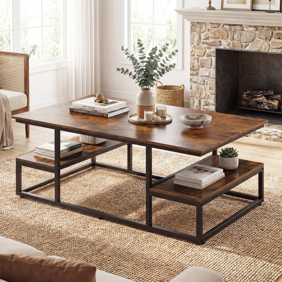 43" Rectangle Coffee Table with Storage and Open Shelves - Rustic Brown