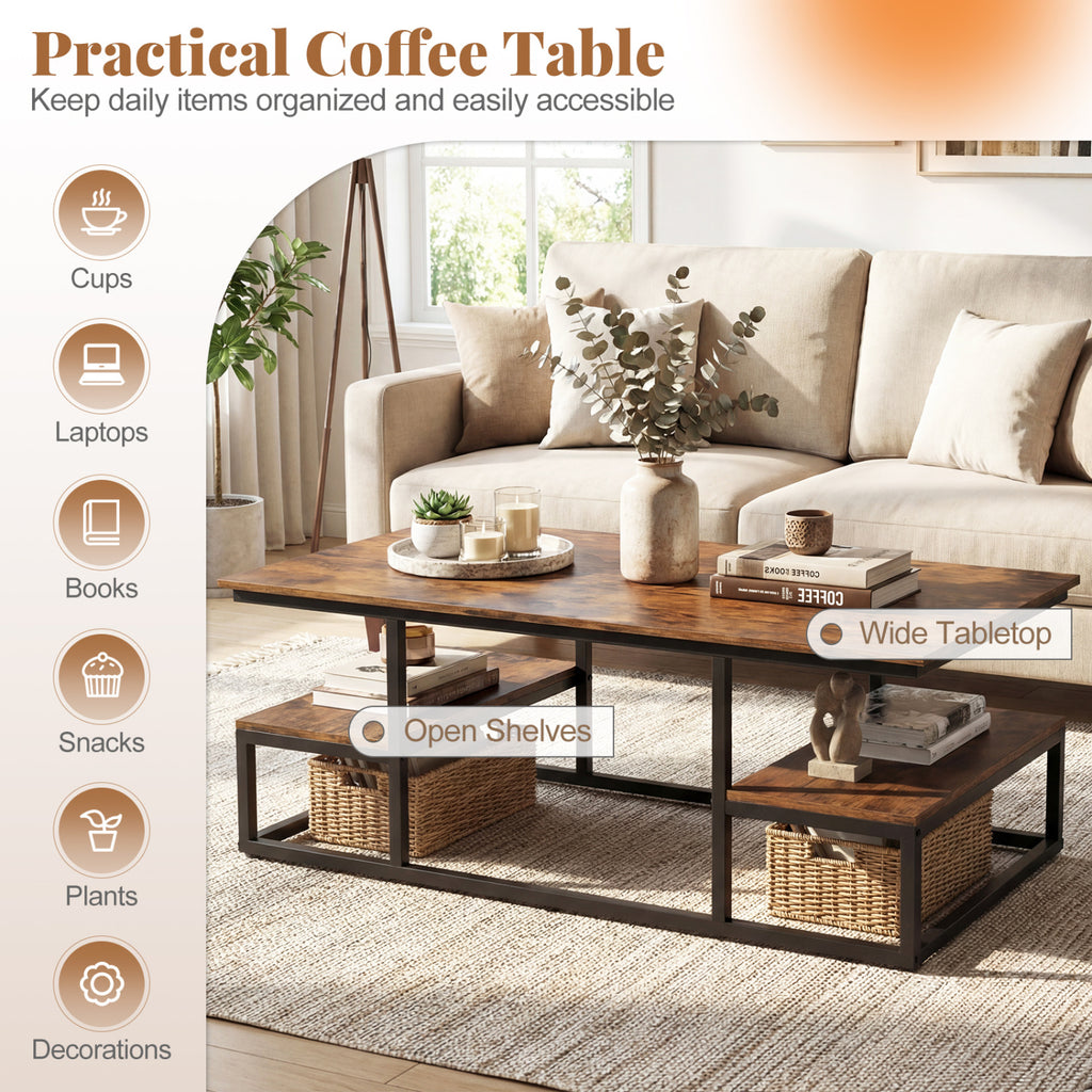43" Rectangle Coffee Table with Storage and Open Shelves - Rustic Brown