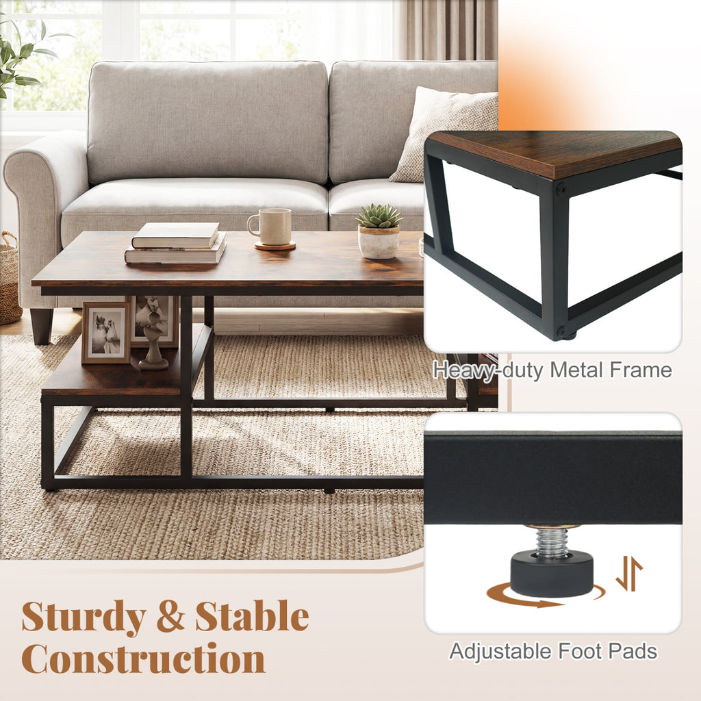 43" Rectangle Coffee Table with Storage and Open Shelves - Rustic Brown