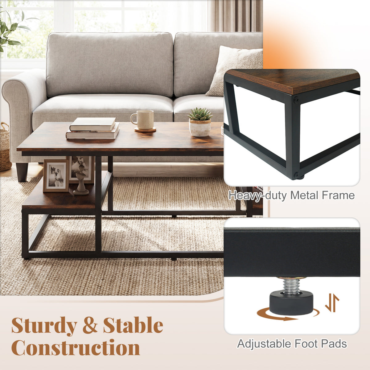 43" Rectangle Coffee Table with Storage and Open Shelves - Rustic Brown