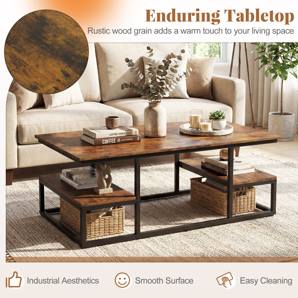 43" Rectangle Coffee Table with Storage and Open Shelves - Rustic Brown