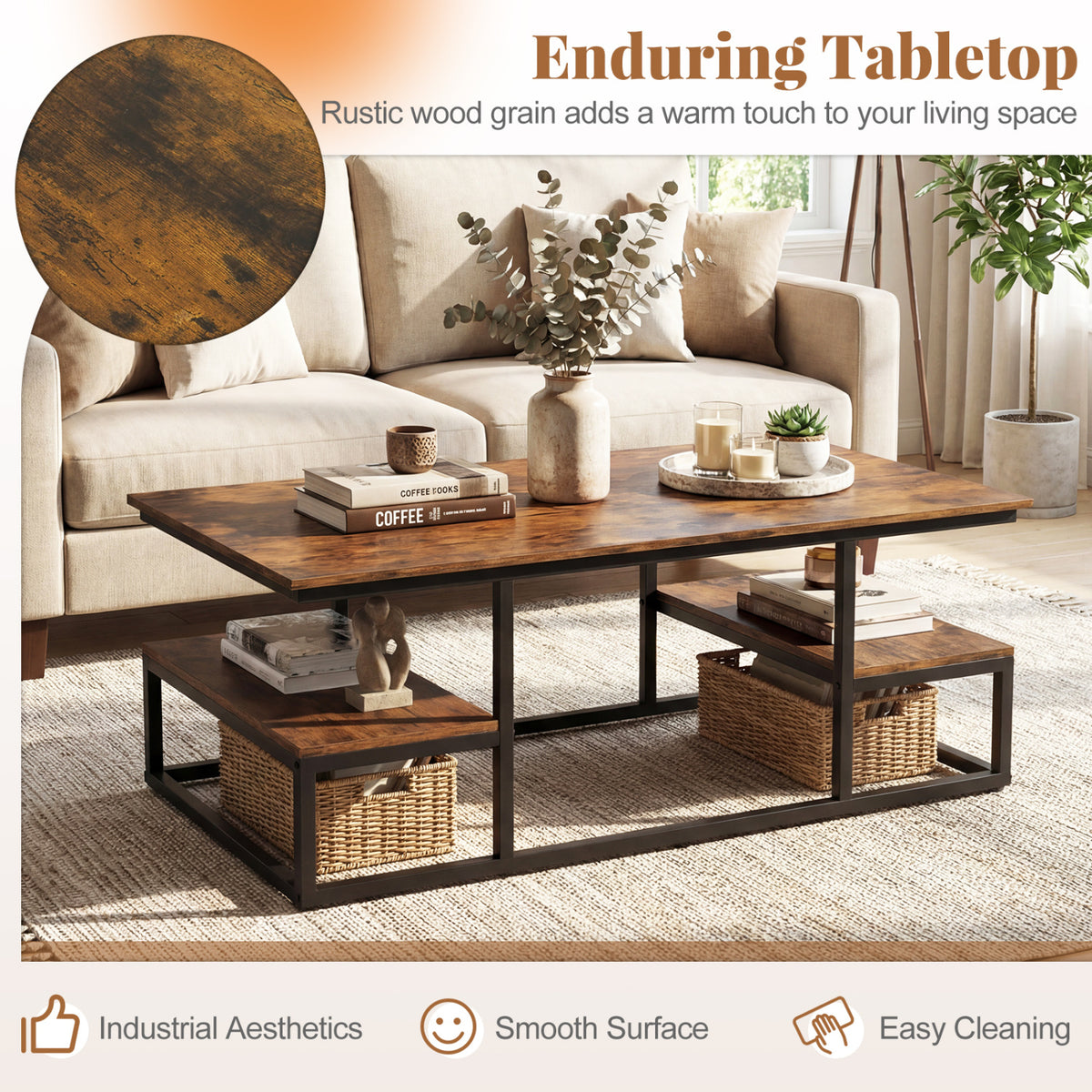 43" Rectangle Coffee Table with Storage and Open Shelves - Rustic Brown